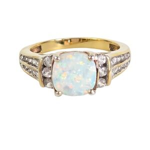 Milor Italy Gold Over Sterling White Fire Opal Diamonds Ladies Ring 6.75 Vintage